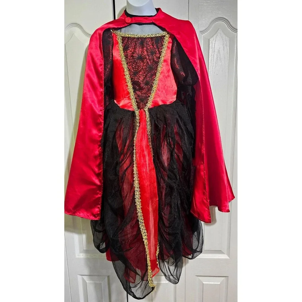 Gothic Vampire Bride Costume Girls 8-10 Red Spider Dress Veil Cape Halloween - Picture 3 of 8
